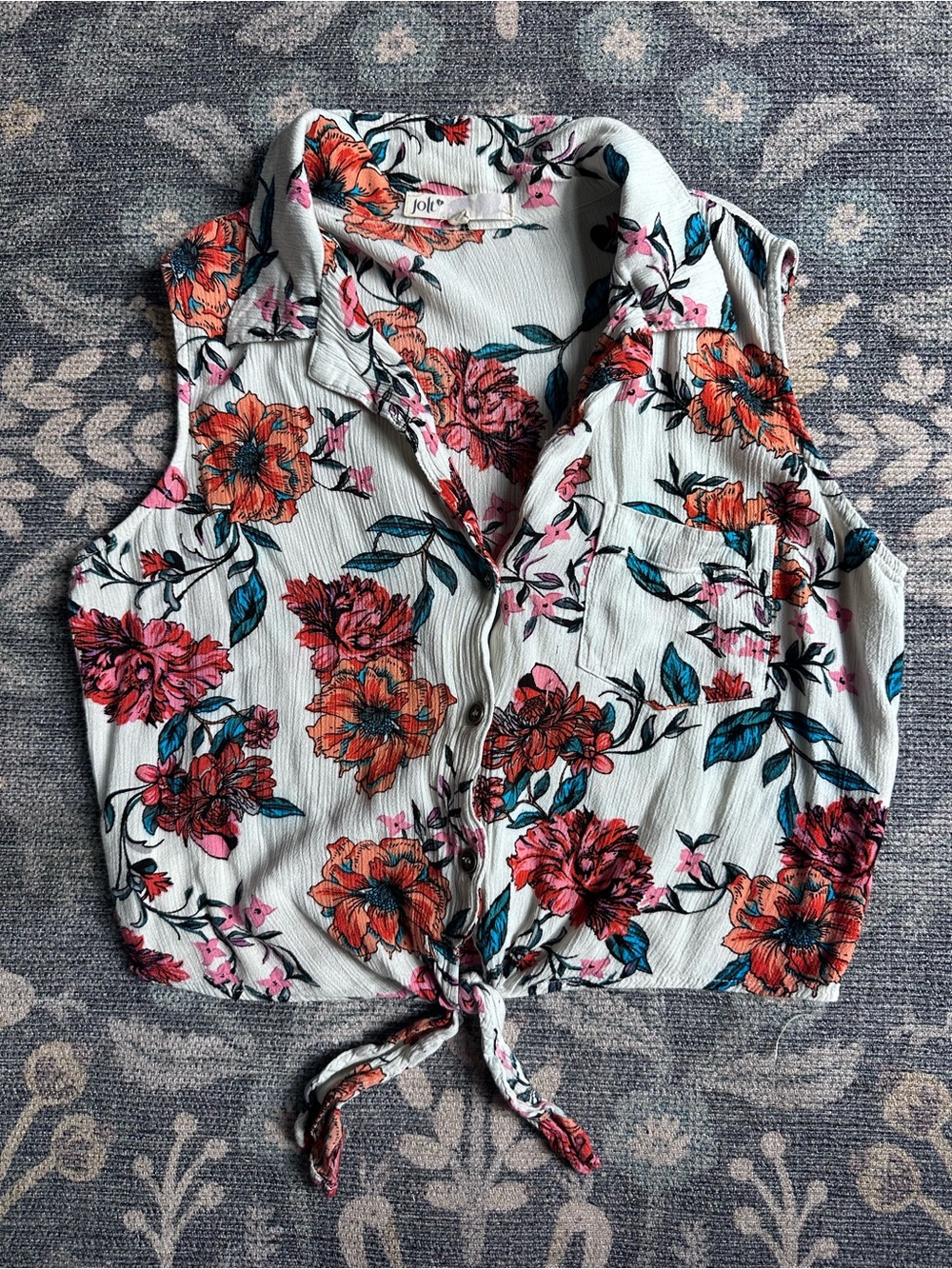 Jolt Floral Sleeveless Button Front Tie Top Sz M
